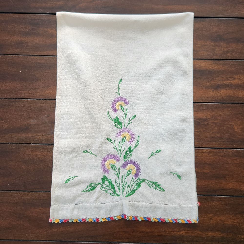 Vintage Floral Table Topper 36 x 12 Rectangle White w/ Multi-color Trim Cotton